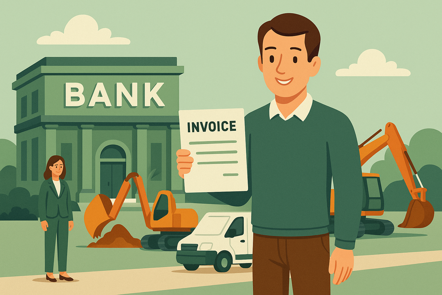 Man standing outside bank with Invoice representing debt finance