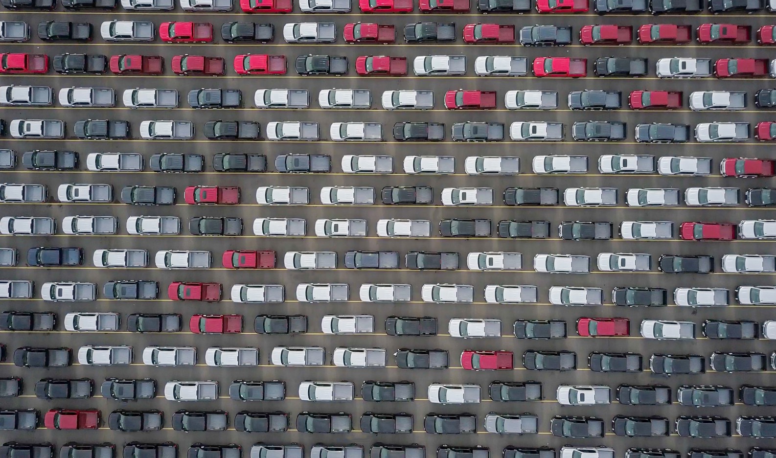 Fleet of Aligned Commercial Vehicles Seen from Above