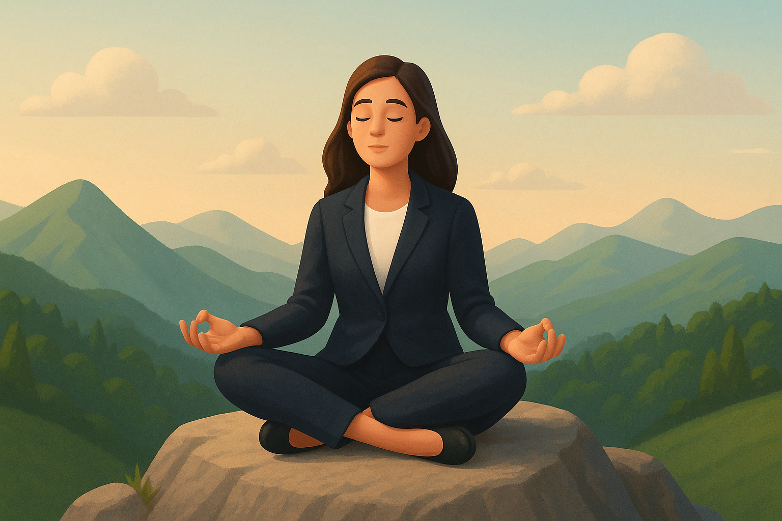 Business Woman Meditation on top of a mountain